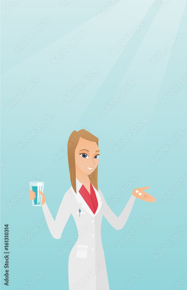 Pharmacist giving pills and a glass of water. Pharmacist giving pills and a glass of water.