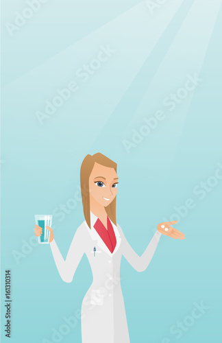 Pharmacist giving pills and a glass of water.