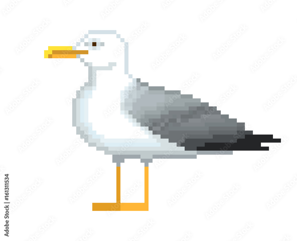 Obraz premium Old school 8 bit pixel art seagull standing on the ground.Sea bird icon isolated on white background. Side view gull symbol. Retro video/pc game character. Slot machine graphics. Summer vacation logo.