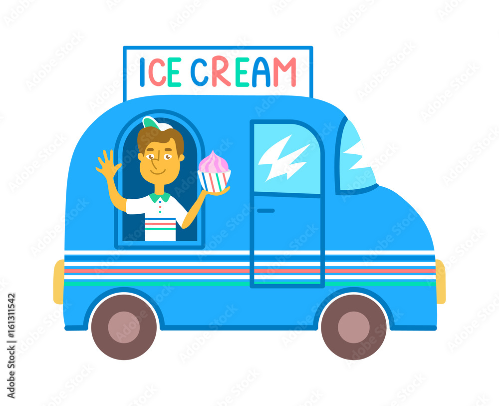 Communicable seller in a blue ice cream truck isolated on white background. Street food business, colorful cartoon illustration. Smiling guy in a dessert delivery car. Summer snack bar vehicle. Communicable seller in a blue ice cream truck isolated on white background. Street food business, colorful cartoon illustration. Smiling guy in a dessert delivery car. Summer snack bar vehicle.