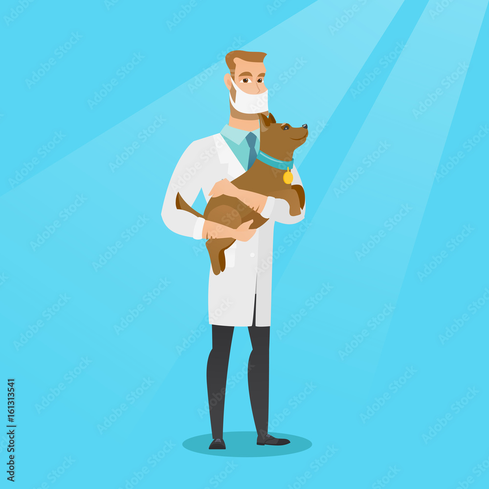 Veterinarian with dog in hands vector illustration