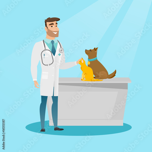 Veterinarian examining dogs vector illustration.