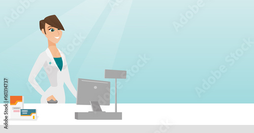 Pharmacist at counter with cash box.