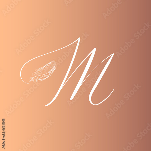 Hand drawn letter M in modern calligraphy style. Boho art print with decorative feathers.