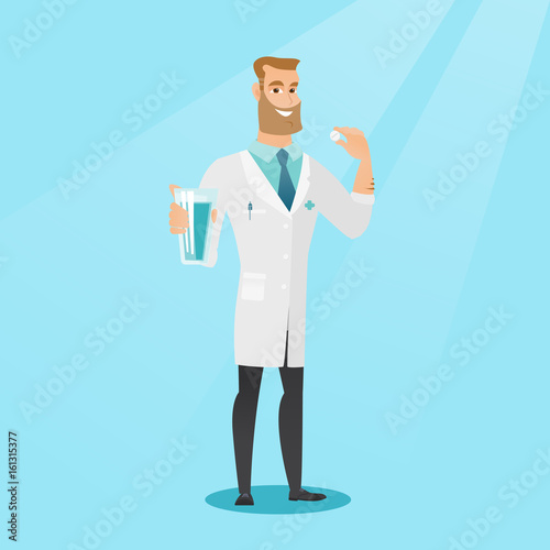 Young caucasian doctor taking pills.