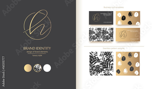 Letter H vector logo. Design includs two business card templates and two seamless patterns. Golden metallic elements