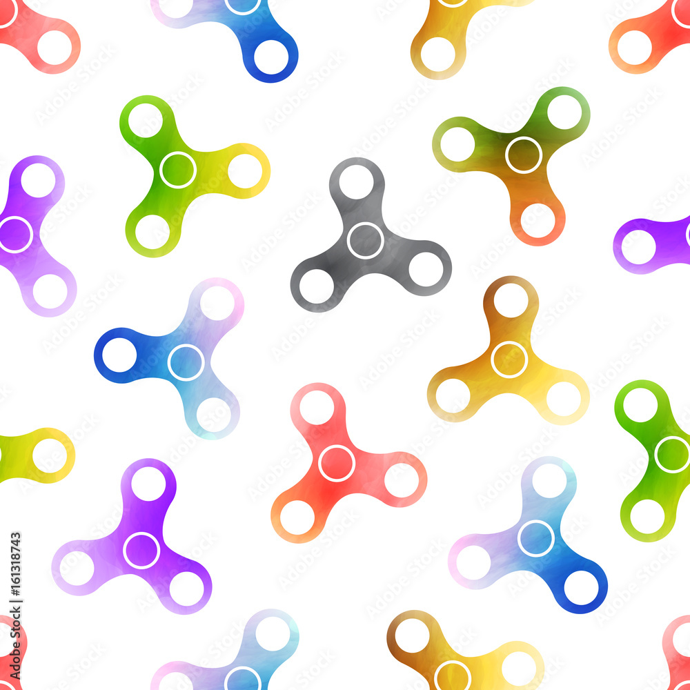 Vector watercolor seamless pattern of colorful fidget spinners for decoration, gift wrapping paper and covering on the white background. Concept of stress relieving toys.