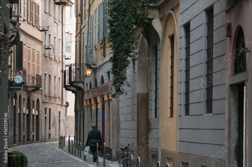 Streets and buildings in Milan, Italy.