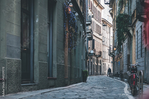 Streets and buildings in Milan, Italy.
