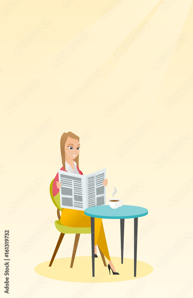 Woman reading a newspaper and drinking coffee.