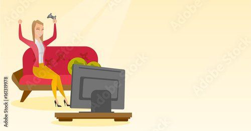 Woman playing a video game vector illustration.