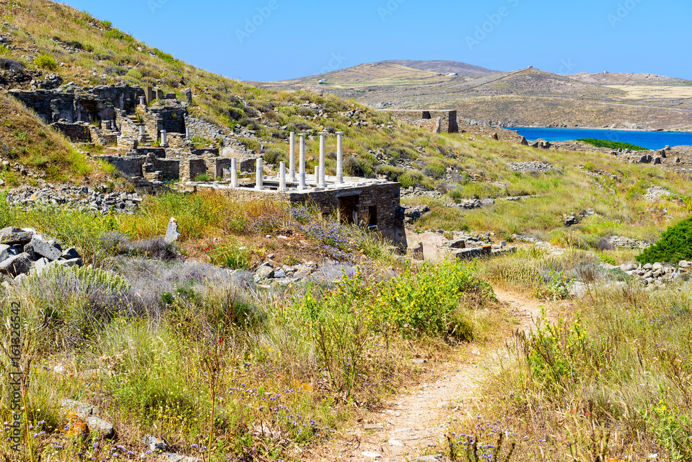View of Delos island, the most big archaeological site of Cyclades archipelago. Greece.