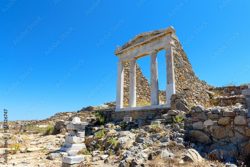 The Temple of Isisin Archaeological Site of Delos island, Cyclades, Greece. 