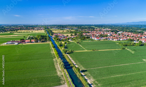 Aerial view of the Rhone - Rhine Canal in Alsace, France