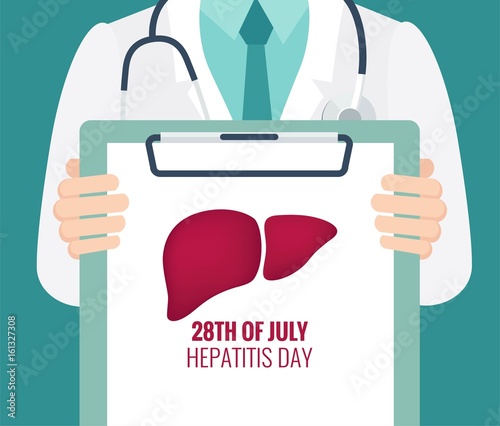 Close-up of a male doctor with lab coat in his office holding a clipboard.28 July world hepatitis day poster. Vector illustration