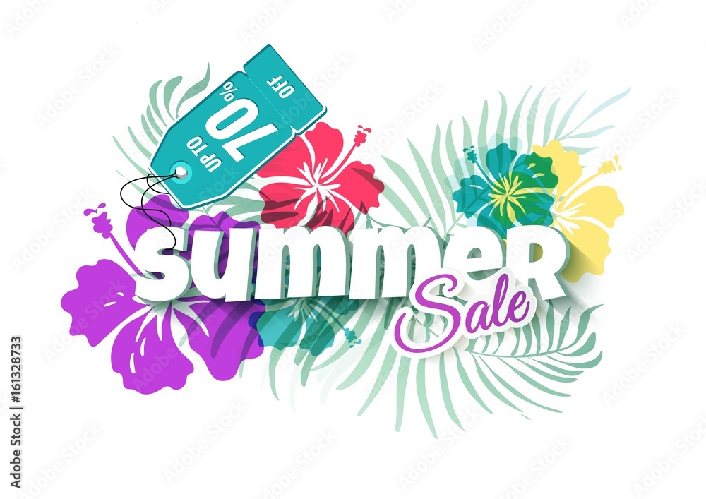 Summer sale colorful background with colorful tropical flowers and leaves. Sale poster. Vector illustration