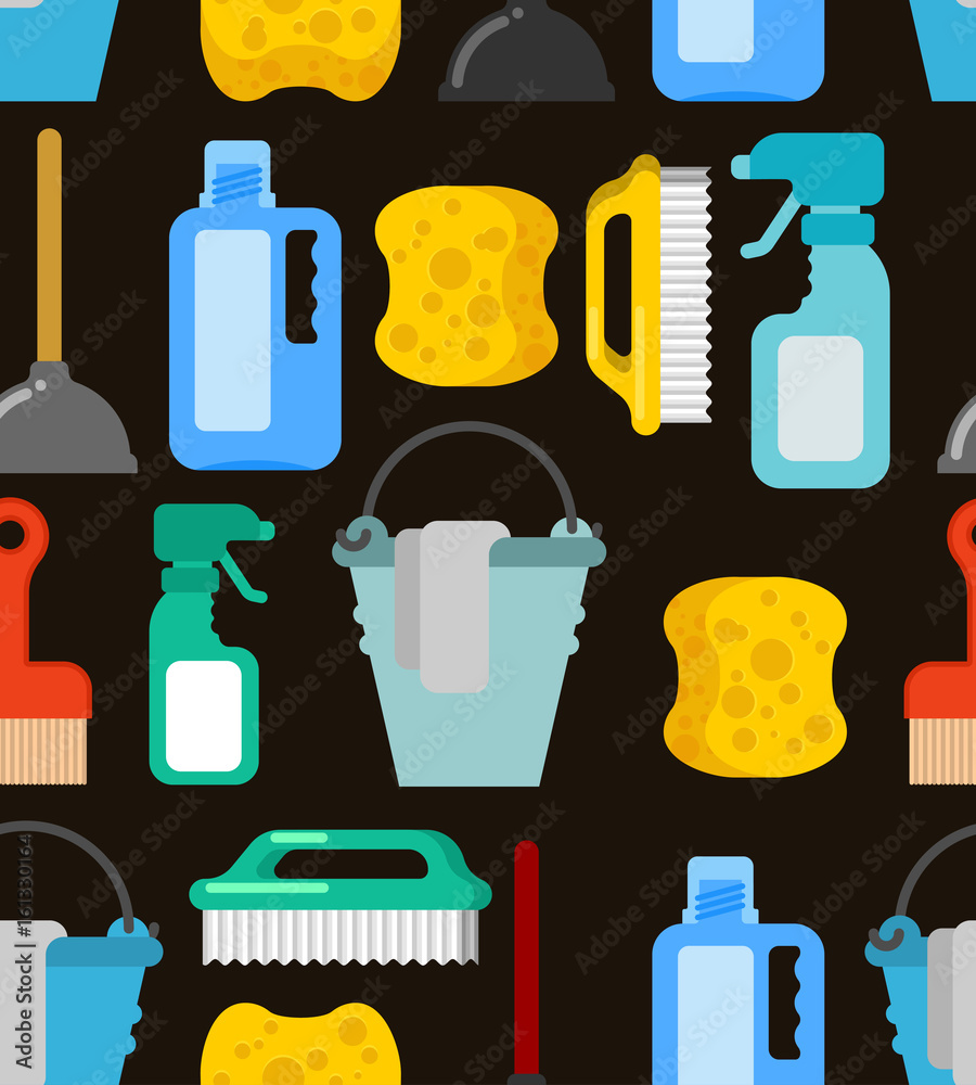 Cleaning seamless pattern. Accessories cleaner background. Brush and plunger. bucket and floorcloth. Sponge and sprayer