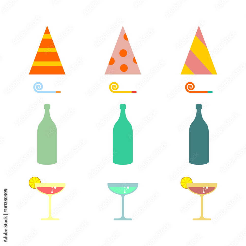 Party set. Celebratory cap and Party horn. alcohol cocktail