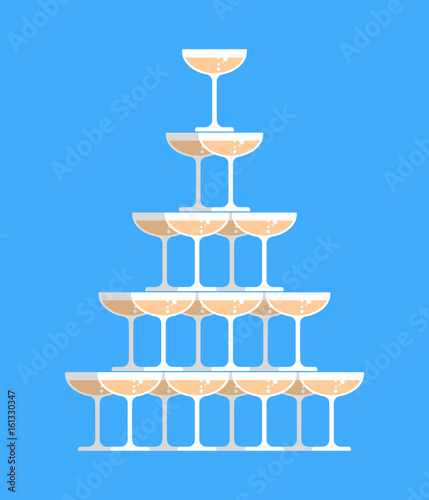 Glass of champagne tower. Alcohol in glass belfry. Wine pyramid. Cocktail hill