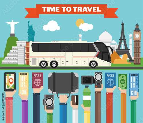 Fototapeta Naklejka Na Ścianę i Meble -  Time to travel flat design with tourist bus. Summer holiday.Vector illustration