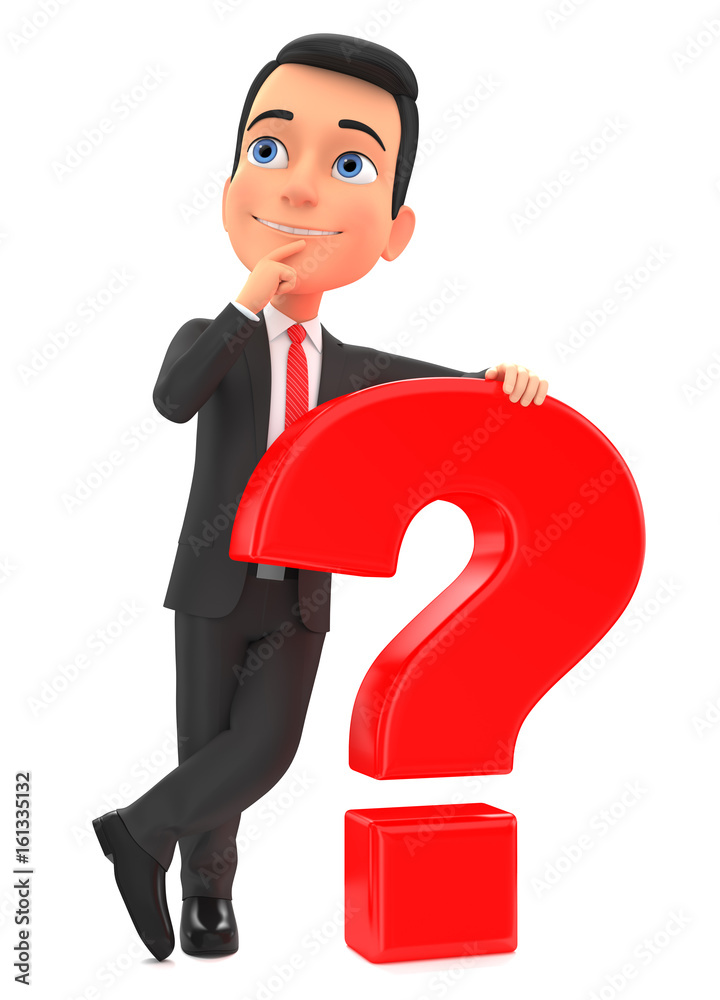 Successful businessman with a big question mark on a white background. 3d render. Successful businessman with a big question mark on a white background. 3d render.