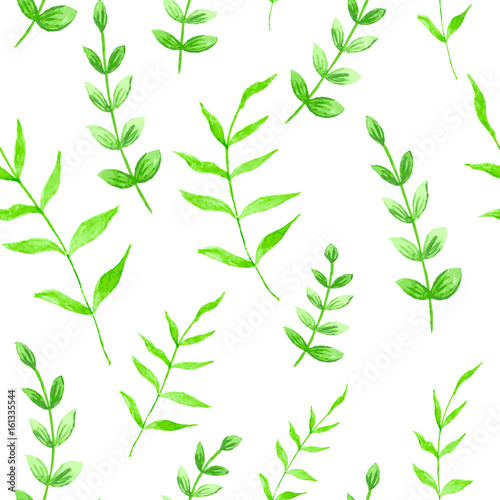 Floral seamless pattern with green watercolor branches and leaves. Vector illustration.

