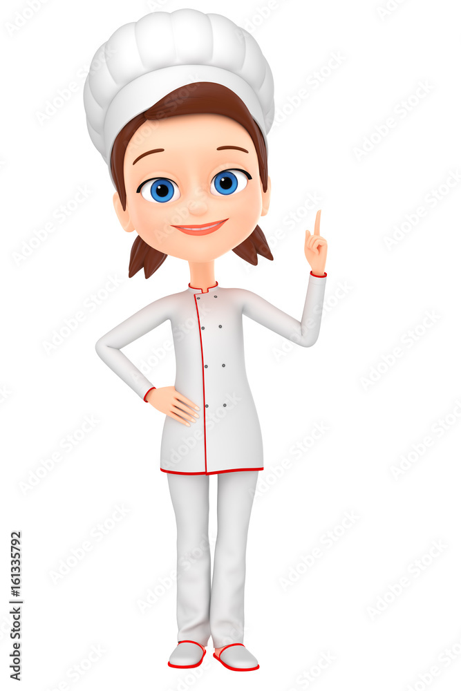 3d render illustration. Girl chef pointing with his finger up at empty space, isolated on white background. 3d render illustration. Girl chef pointing with his finger up at empty space, isolated on white background.