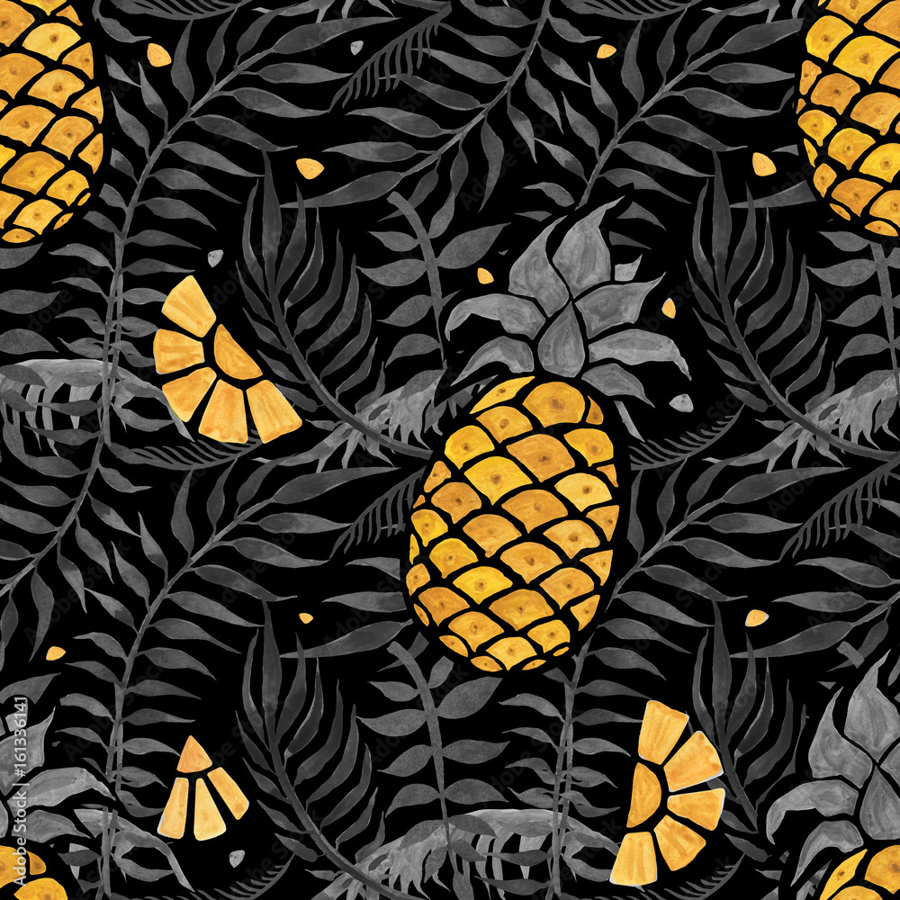 Seamless Tropical Pattern With Pineapples And Palm Leaves Hand Drawn Watercolor Illustration