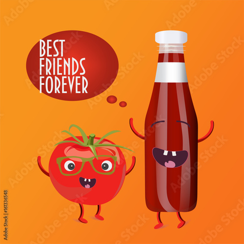 Tomato and a bottle of sauce characters. Funny Tomato mascot and happy dancing ketchup bottle.
