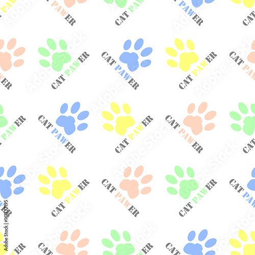 Seamless cat themed animal pattern vector background design with colorful cat paws prints and wordplay cat pawer converted from cat power photo