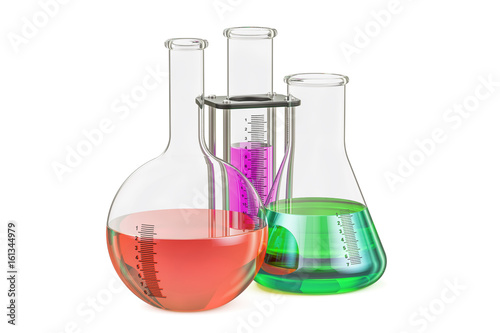 Set of chemical flasks with colored liquid, 3D rendering