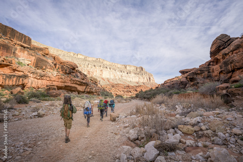 Group of Hikers backpacking through the Grand Canyon to Havasu Falls