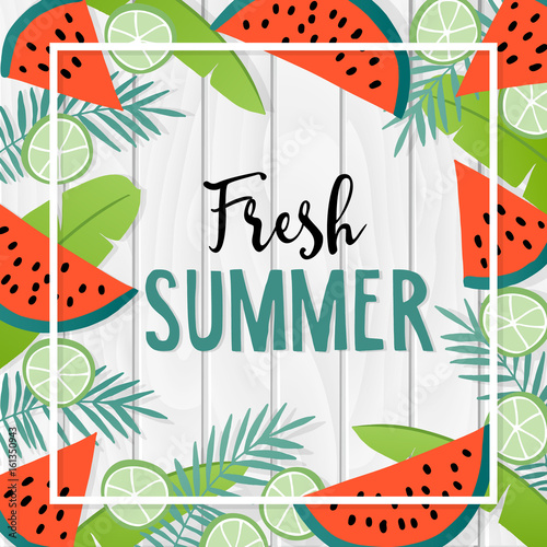 Fresh summer greeting card, invitation with hand drawn palm leaves, watermelon fruit, and lemon slices. White wooden background. Tropical design. Vector illustration.