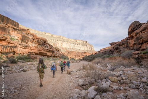Group of Hikers backpacking through the Grand Canyon to Havasu Falls