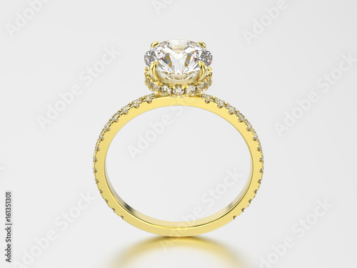 3D illustration yellow gold ring with diamonds on a grey background