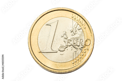 Coin of one euro closeup with European map symbol of United Europe. Isolated on white studio background.