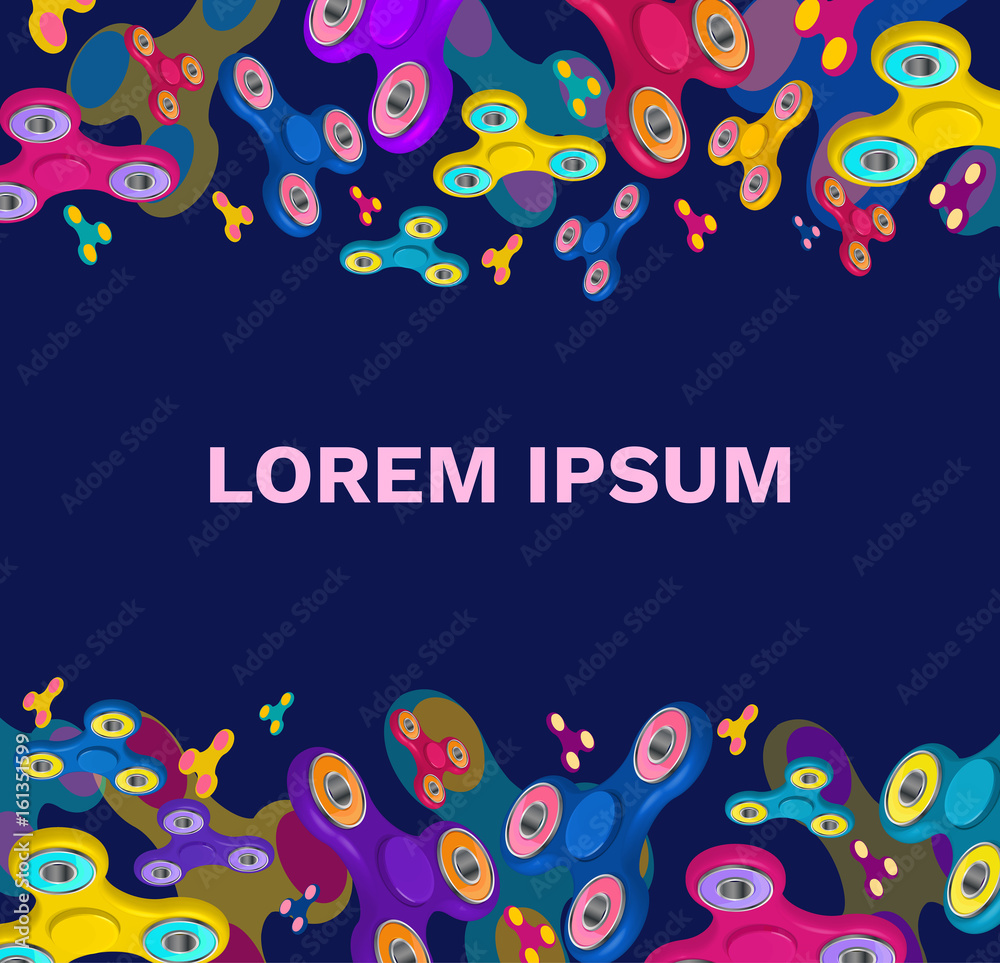 Fidget spinner dark blue background  or template for text with colorful 3d icons of trendy rotating toys vector illustration