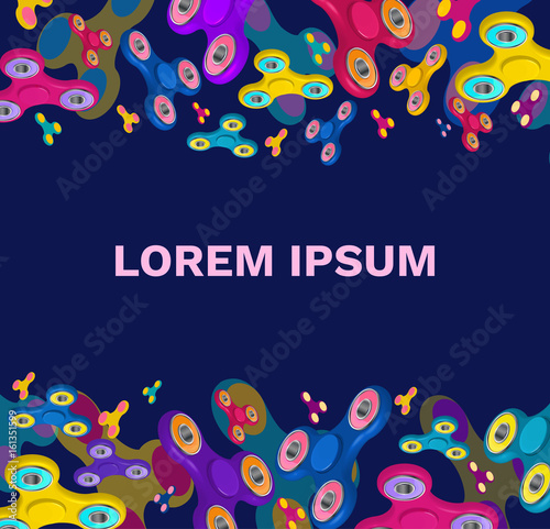 Fidget spinner dark blue background or template for text with colorful 3d icons of trendy rotating toys vector illustration