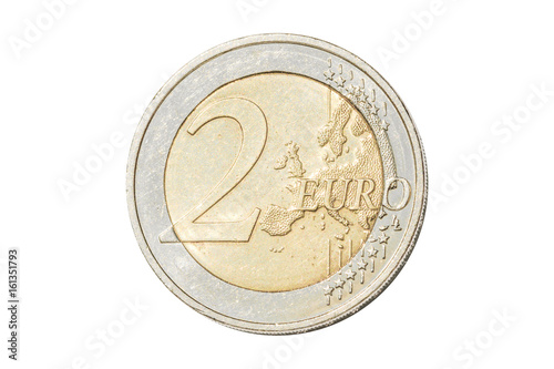 Coin of two euro closeup with European map symbol of United Europe. Isolated on white studio background.