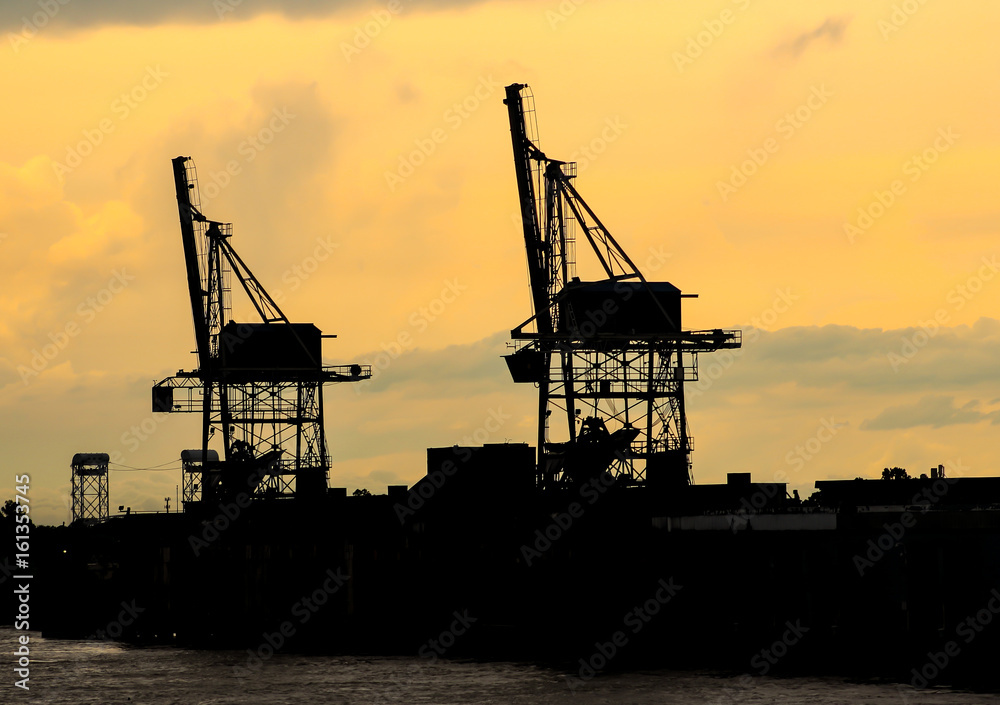 Wharf cranes at dusk