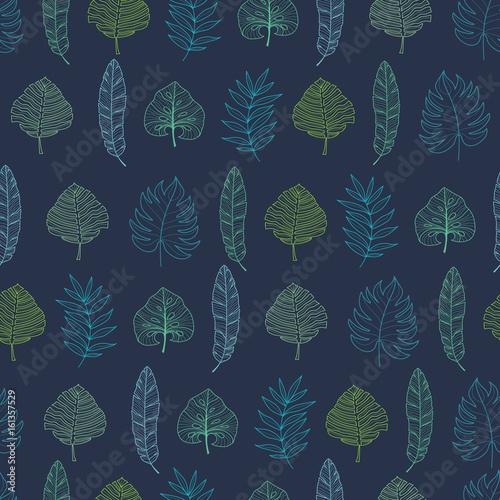 Vector navy blue geometrical tropical summer hawaiian seamless pattern with t...