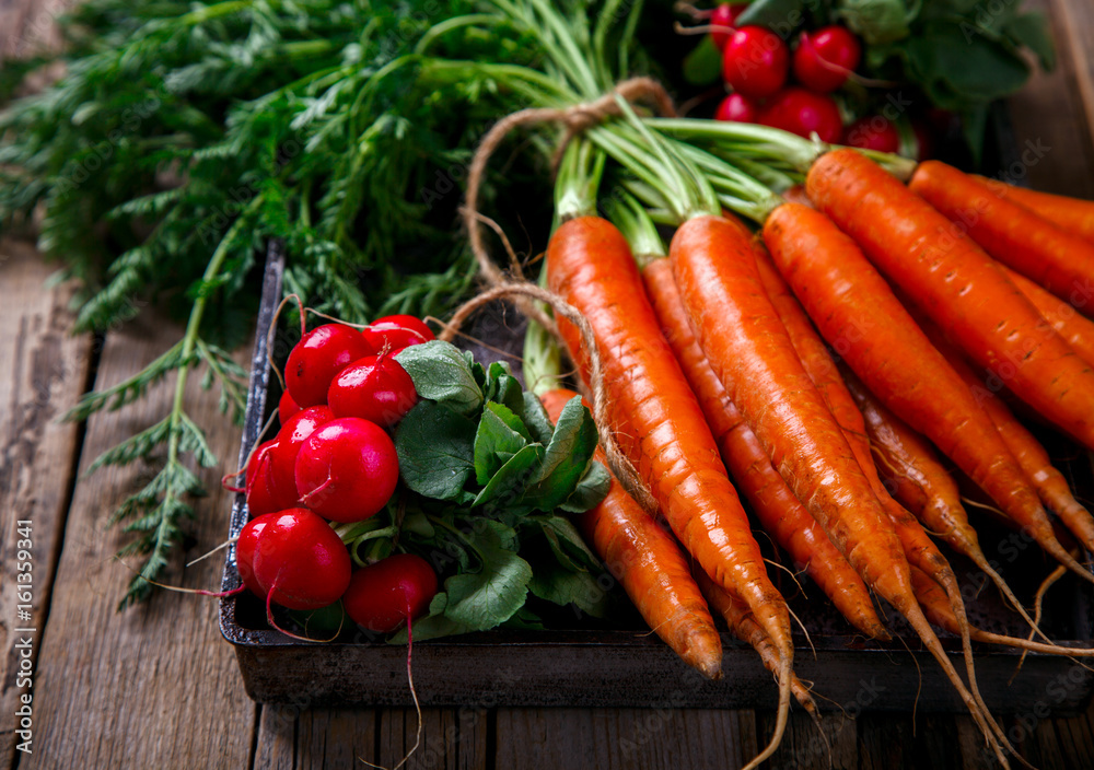 Bunch of fresh carrots with green leaves and a bunch of radishes over wooden background. Vegetable.Food or Healthy diet concept.Vegetarian. selective focus. Bunch of fresh carrots with green leaves and a bunch of radishes over wooden background. Vegetable.Food or Healthy diet concept.Vegetarian. selective focus.