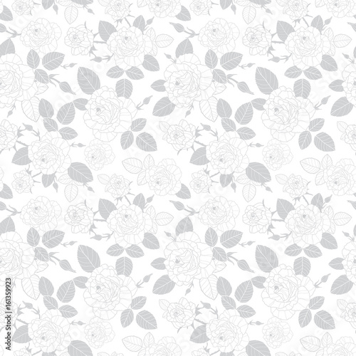 Vector vintage grey roses and leaves on white background seamless repeat pattern texture. Great for retro fabric, wallpaper, scrapbooking projects.