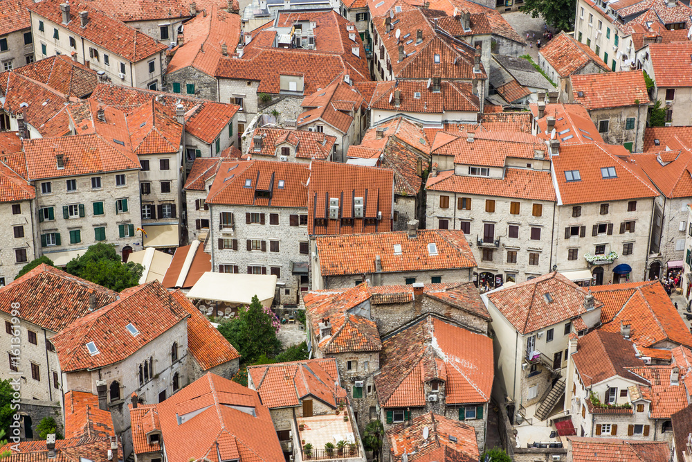 Old town in Balkans seen from above. Red roof tops and narrow,l tiny streets.
