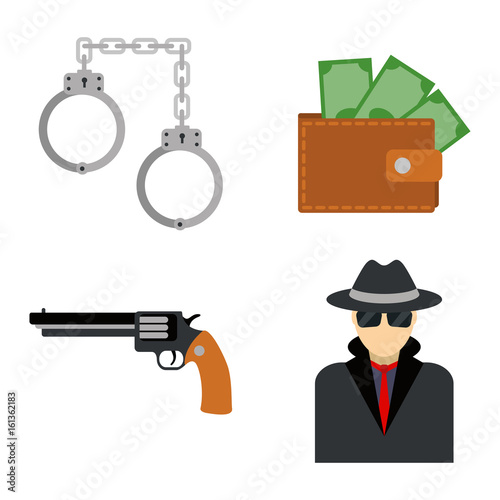 Crime icons protection law justice sign security police gun offence felony transgression flat vector illustration