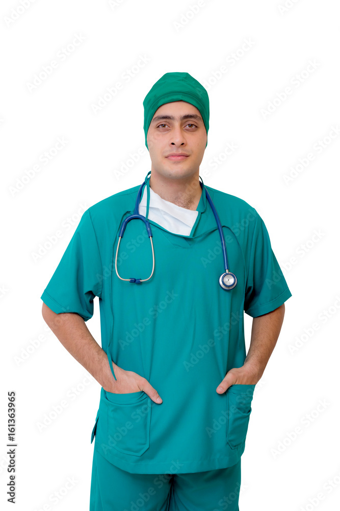 Portrait of a male surgeon - Isolated on white background - Smiling young doctor Portrait of a male surgeon - Isolated on white background - Smiling young doctor