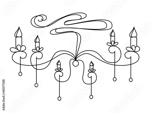 Vector silhouette of hand drawn classy chandelier with five lamps and candlelight set in black color on white background, isolated cartoon painted illustration with vintage curves, high quality