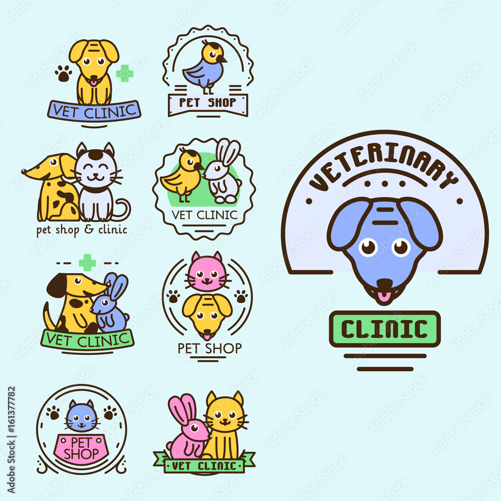 Pet badge vector graphic sticker set domestic insignia cat dog veterinary animal sticker illustration