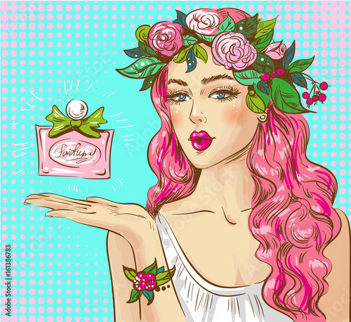 Vector pop art illustration of woman advertising perfume
