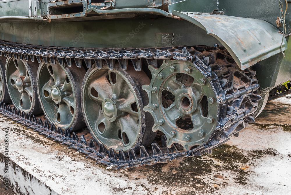 Closeup to Crawler of Old Military Tank